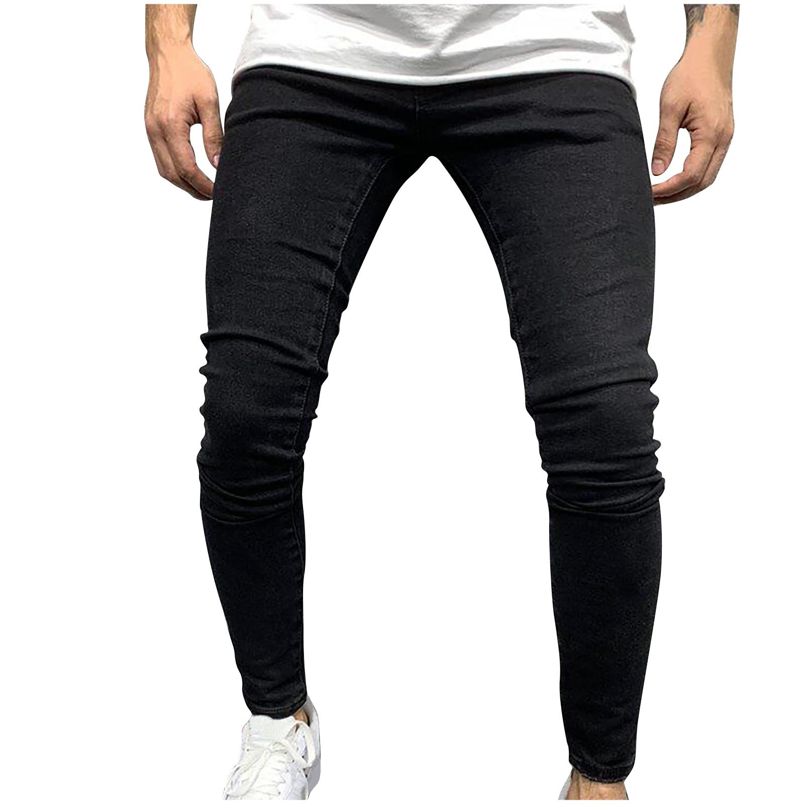 IYTR Men's Stretch Straight Fit Washed Black Biker Jeans Distressed Slim Denim Pants with Multi Pockets Black XL